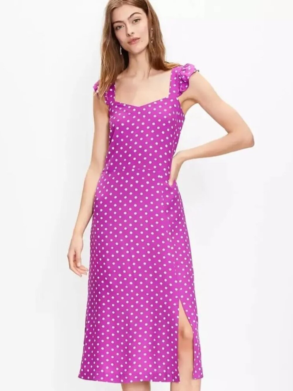 Loft 12 Magenta Dotted Ruffle Strap Pocket Midi Dress